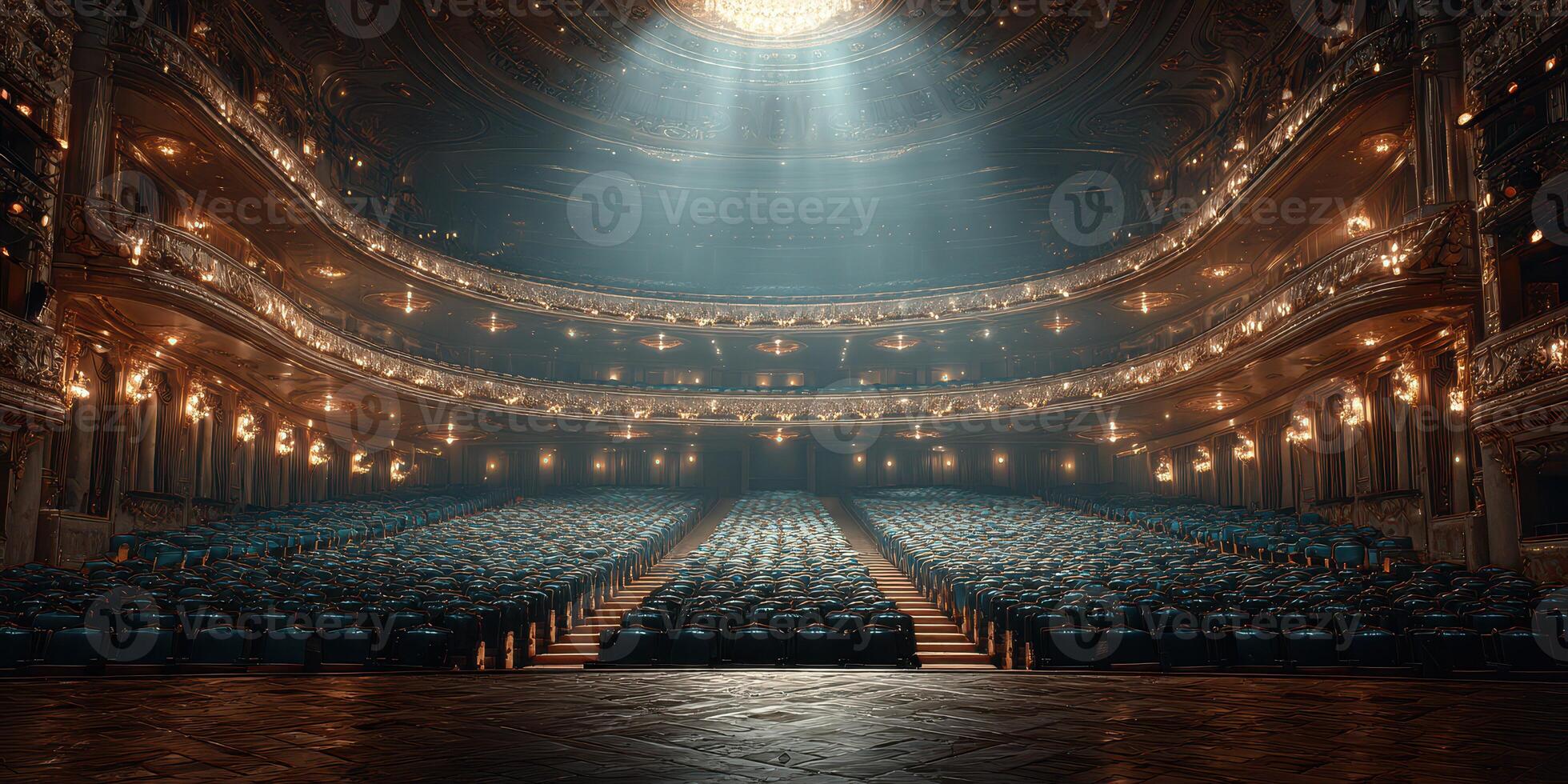 Majestic theater interior with empty seats illuminated by overhead spotlight at evening performance photo