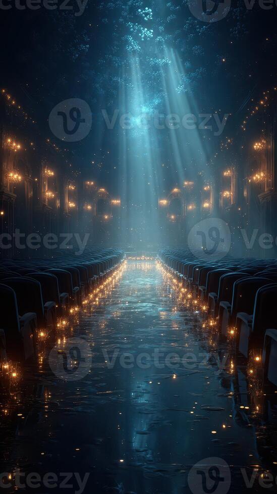 Mysterious hall illuminated by soft lights and water reflections during a night event photo