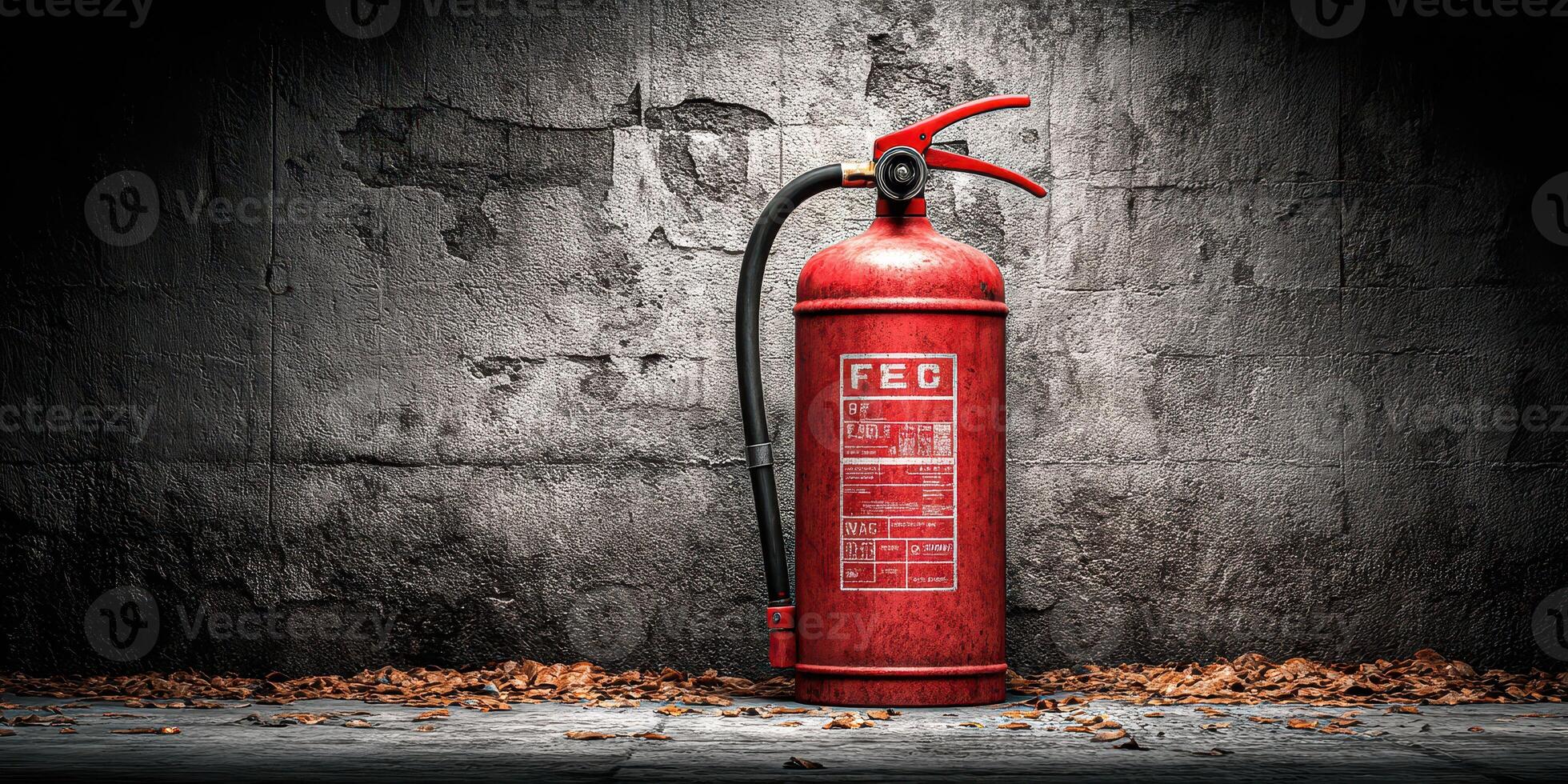 Fire extinguisher positioned against a worn concrete wall with dry leaves scattered on the ground photo