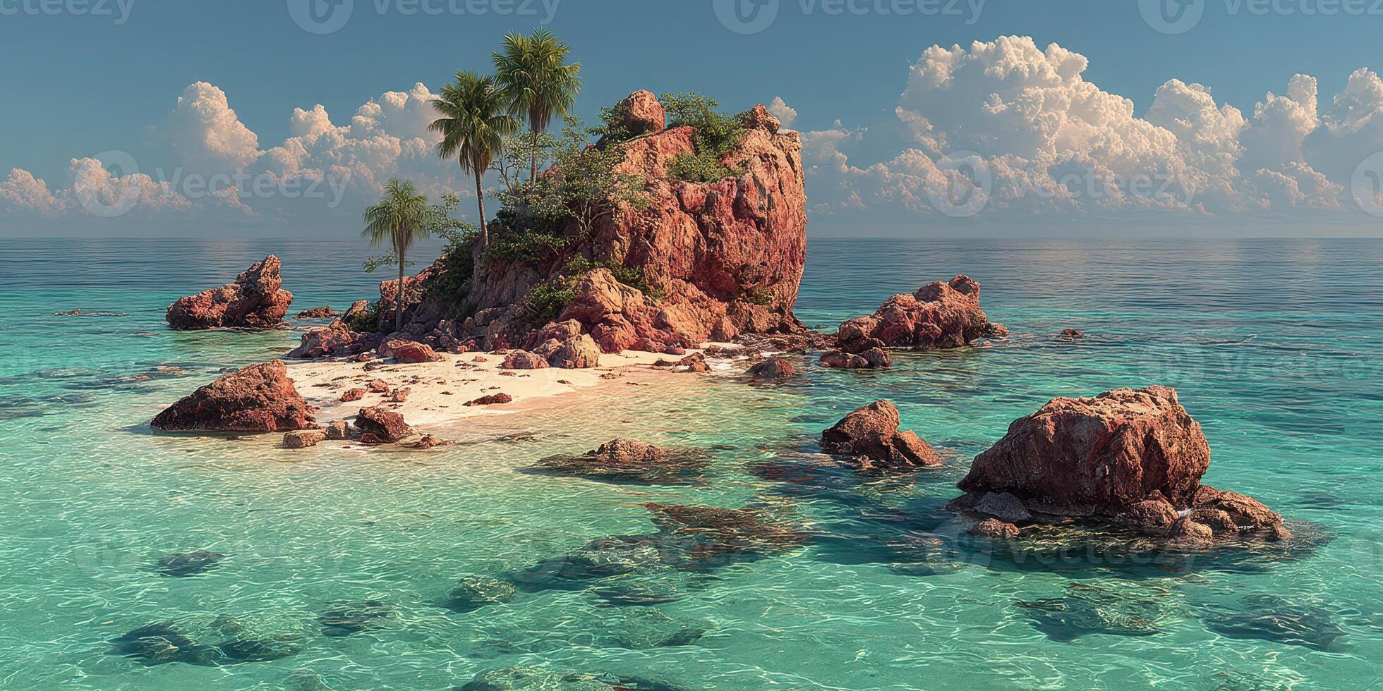 Beautiful tropical island with rocky formations and palm trees in clear turquoise waters under a bright sky photo