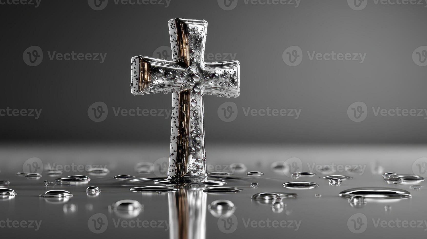 Silver cross standing on a reflective surface with droplets of water around it photo
