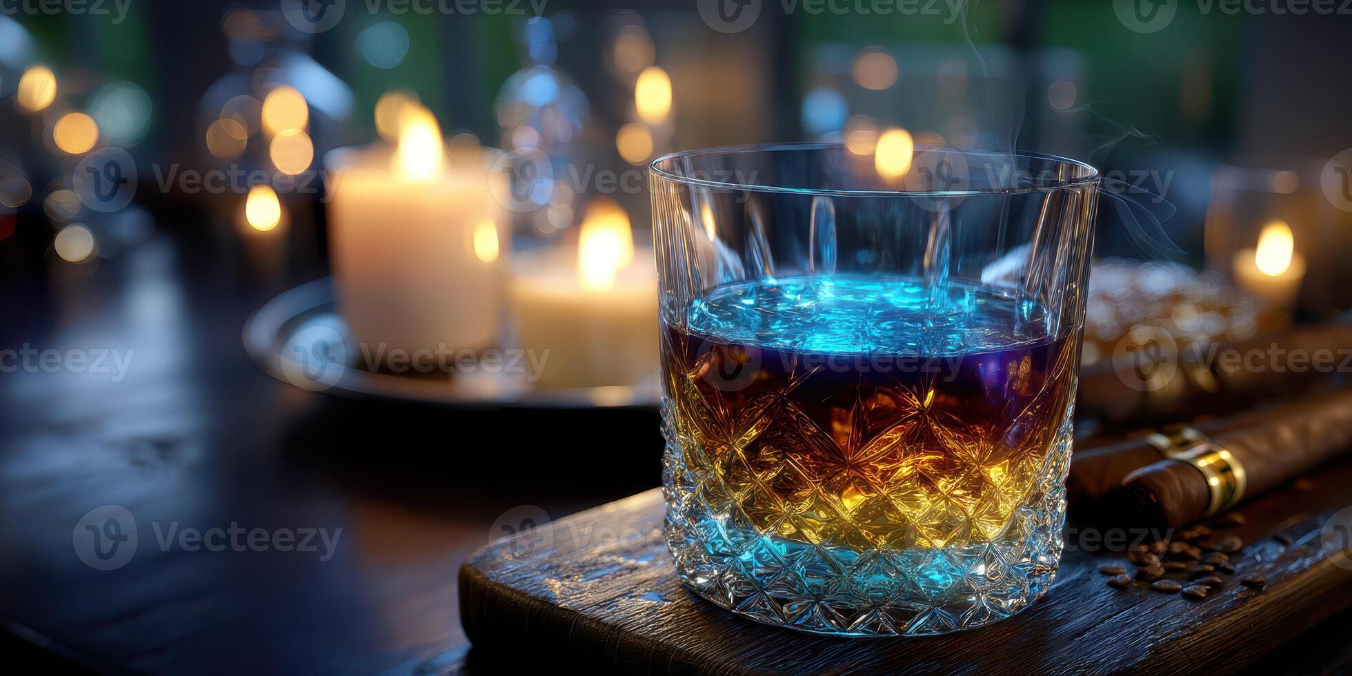 Elegant whiskey glass on a wooden table with candles and a cigar in a cozy evening setting photo