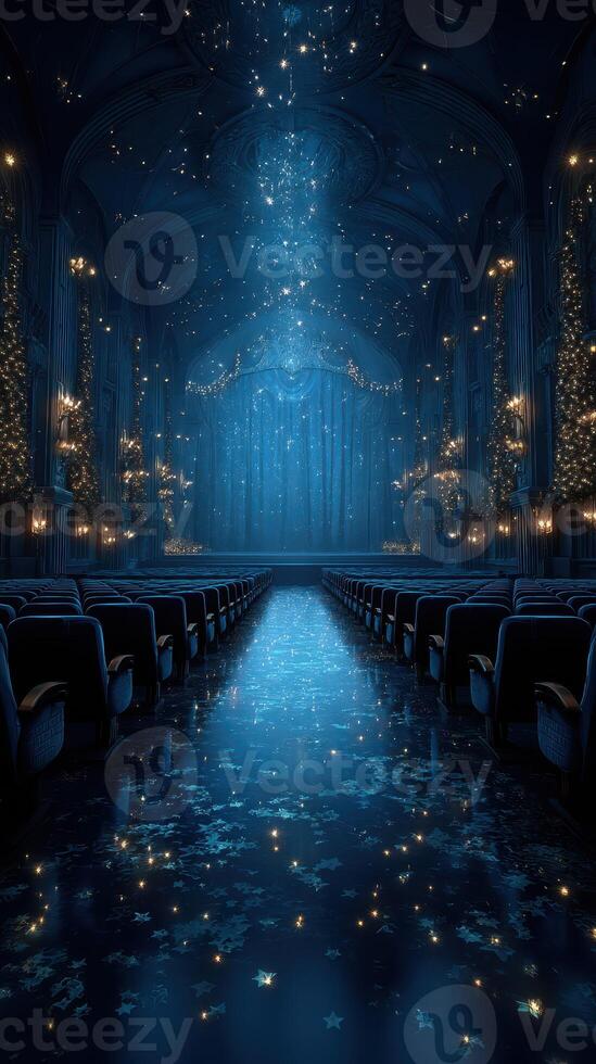 Enchanting theater illuminated by blue light with shimmering stars on the floor in a magical atmosphere photo