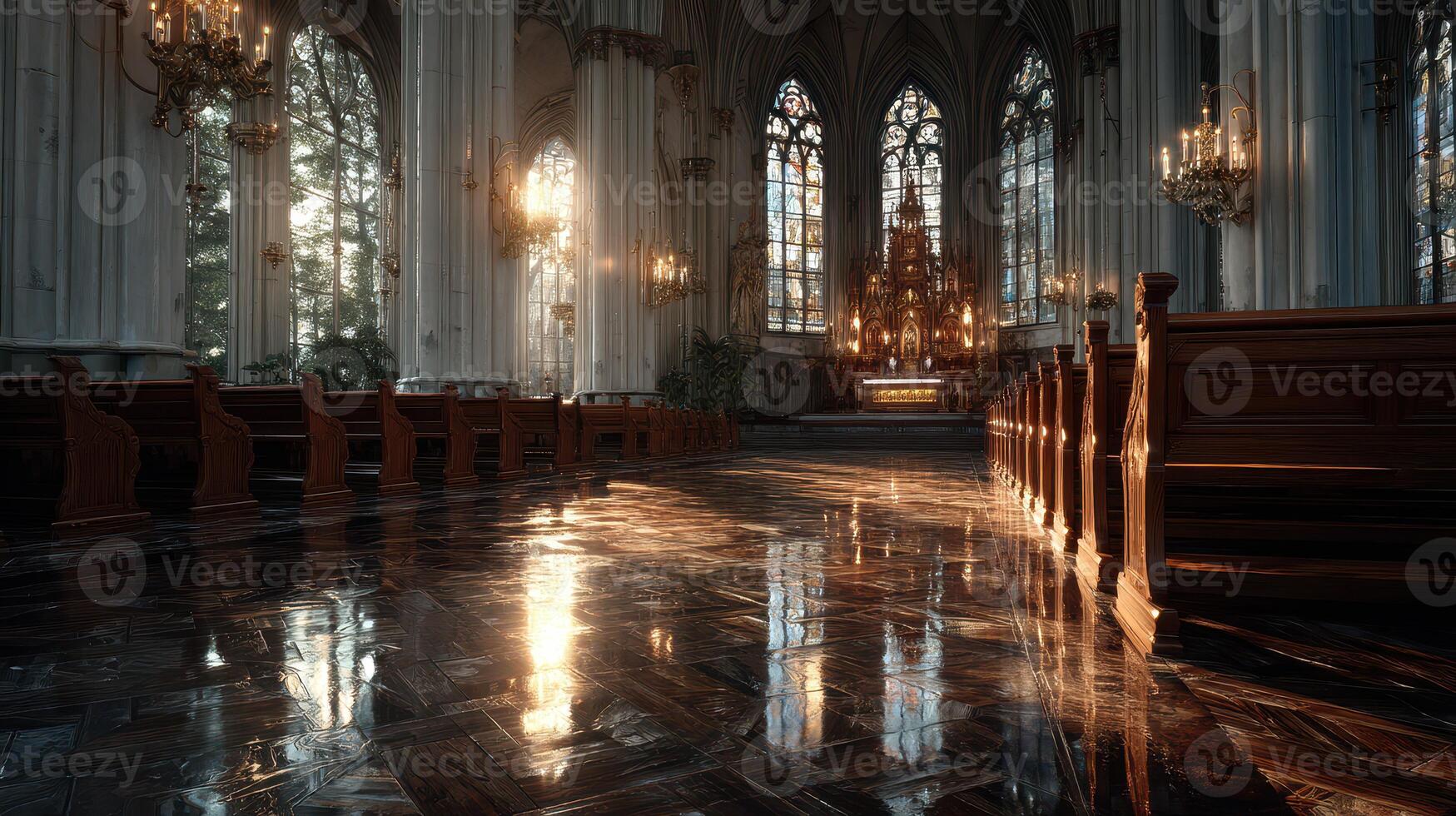 Beautiful interior of a gothic cathedral illuminated by sunset with reflections on polished floor photo