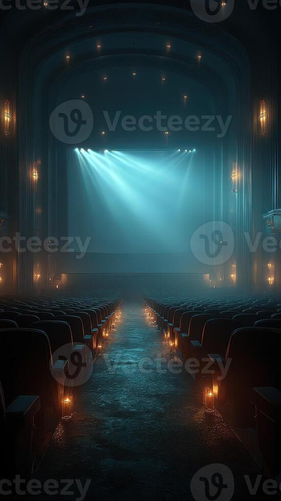 Mysterious vintage theater illuminated by soft blue lights with empty seats awaiting the next audience experience photo