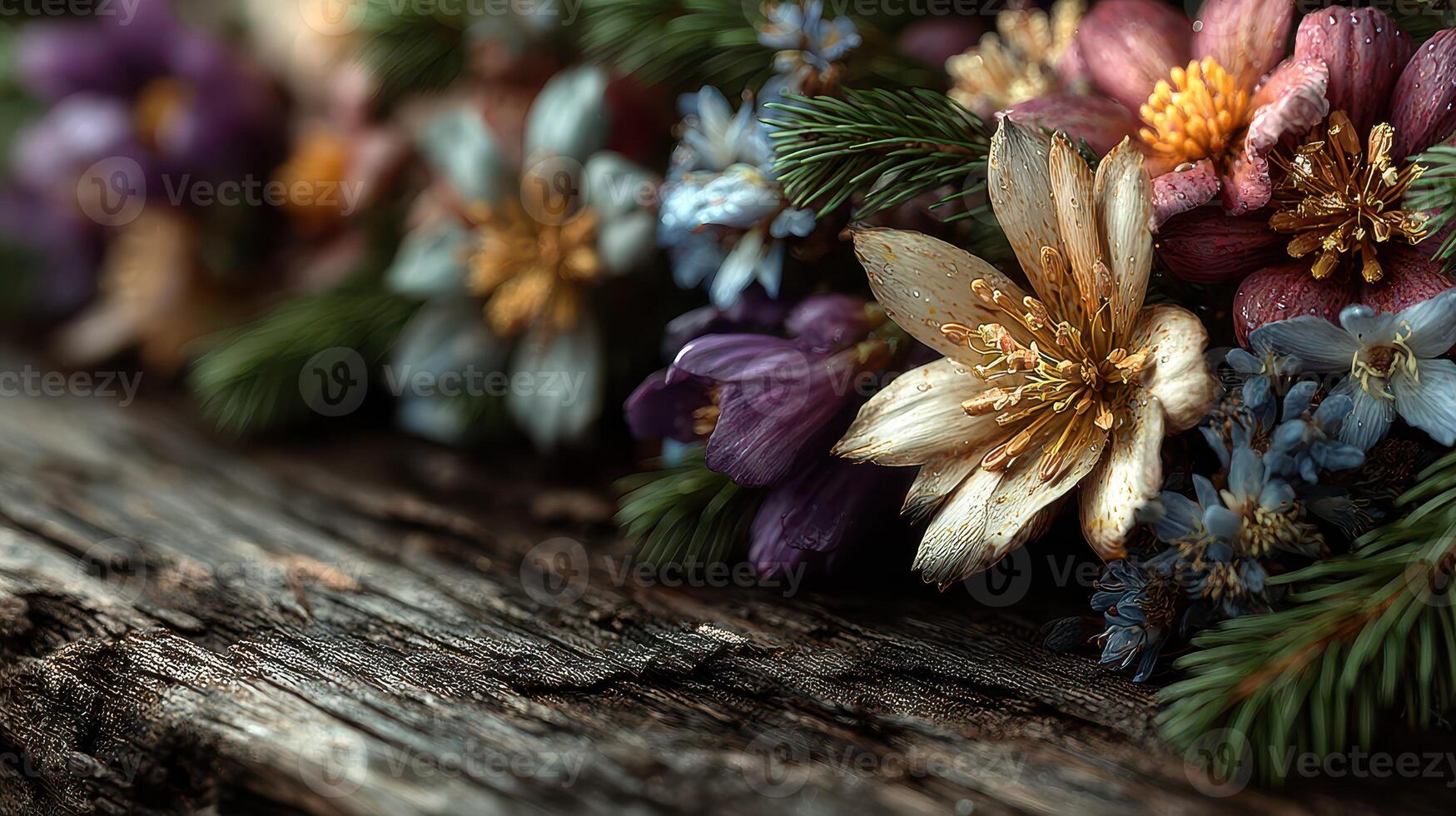 Colorful arrangement of flowers and foliage on a rustic wooden surface with intricate details and textures photo
