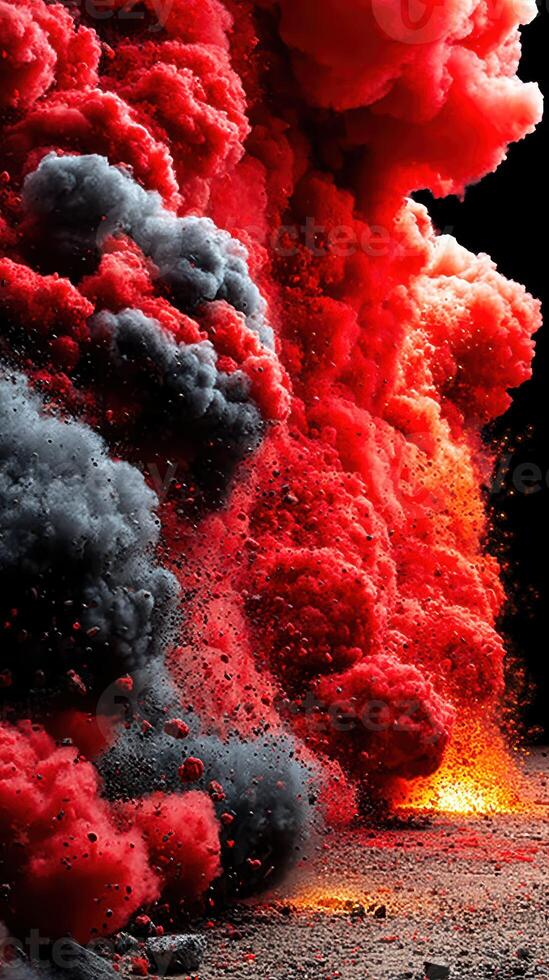 Vivid explosion of red and black smoke creates a dramatic display of nature's power in a dark environment photo
