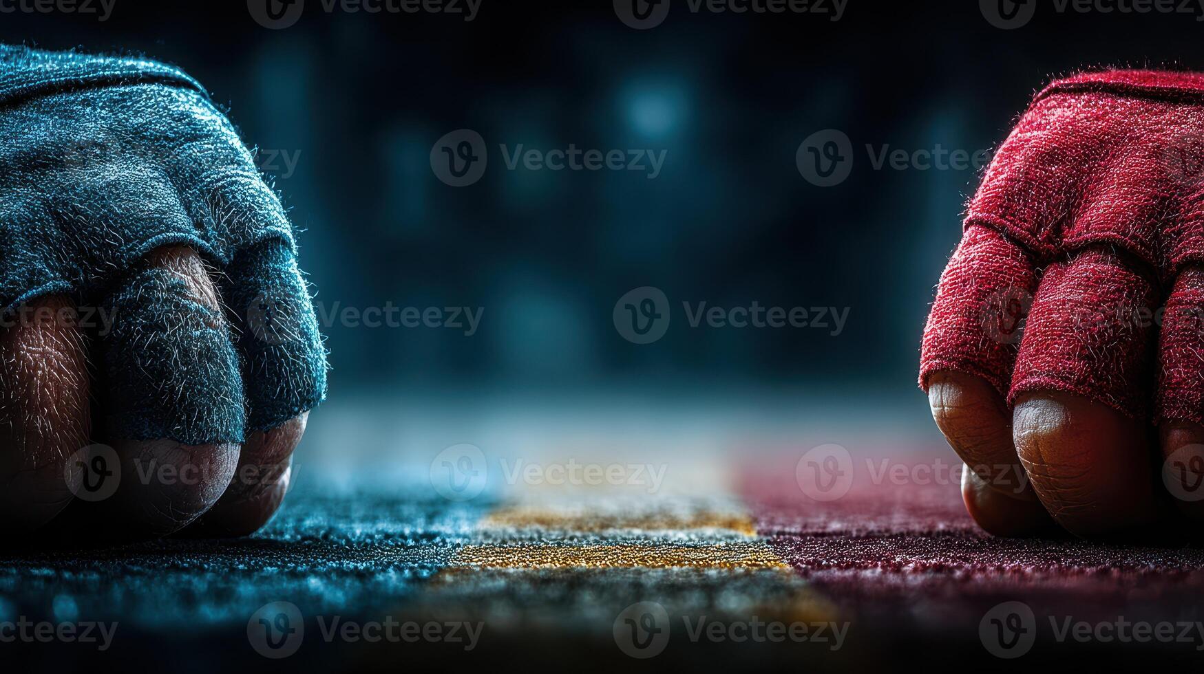 Boxing gloves in red and blue poised for action in an intense sporting match at a gym photo