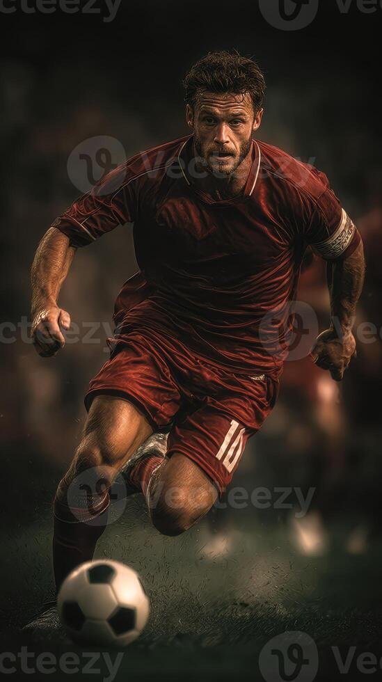Soccer player in intense action during a match on a field under dramatic lighting photo