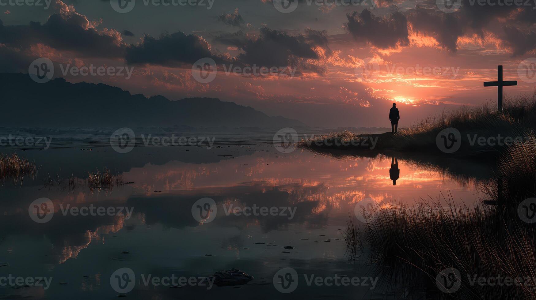 Stunning sunset reflection over a calm lake with a silhouette of a person standing near a cross photo