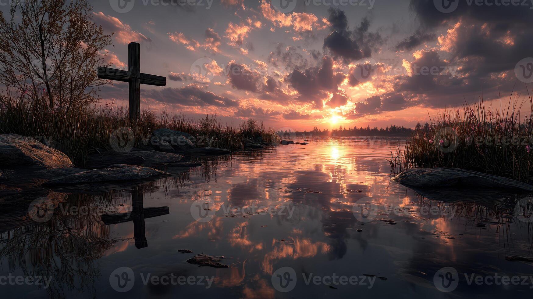 Serene sunset over calm waters with a cross reflecting in the lake at dusk photo