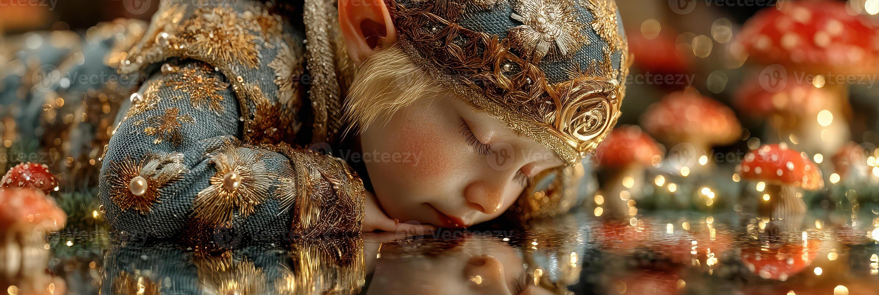 Young elf resting peacefully among shimmering mushrooms in an enchanting forest at twilight photo