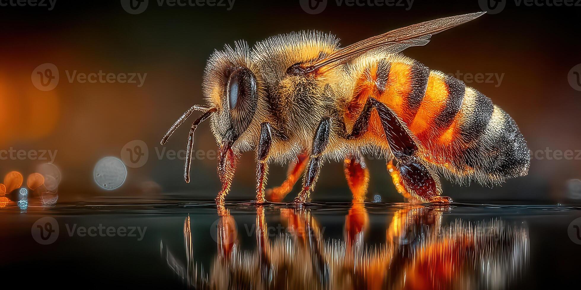 Close-up view of a honeybee exploring a reflective surface with a blurred background of lights at dusk photo