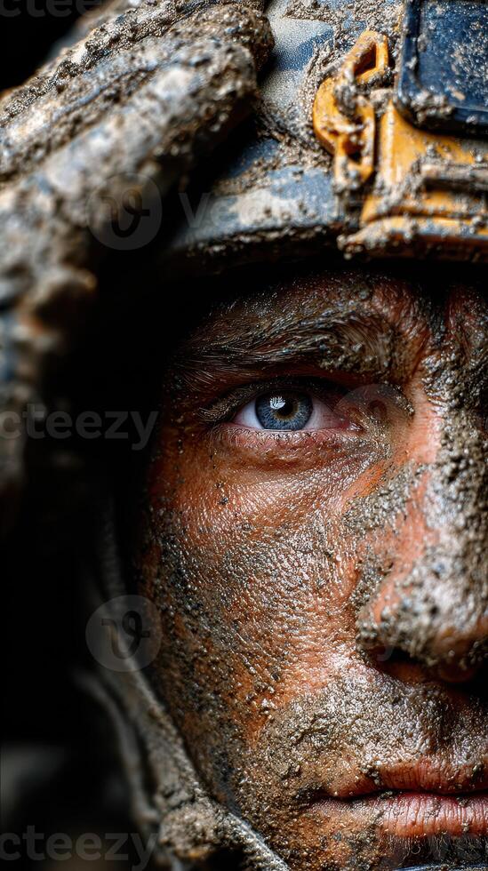 Soldier with mud-covered face gazes intensely while wearing a helmet during military training in challenging conditions photo