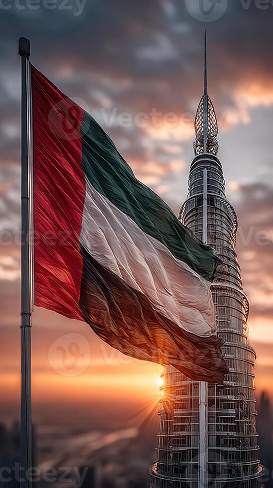UAE flag waving at sunset near iconic tower in Dubai showcasing national pride and modern architecture photo