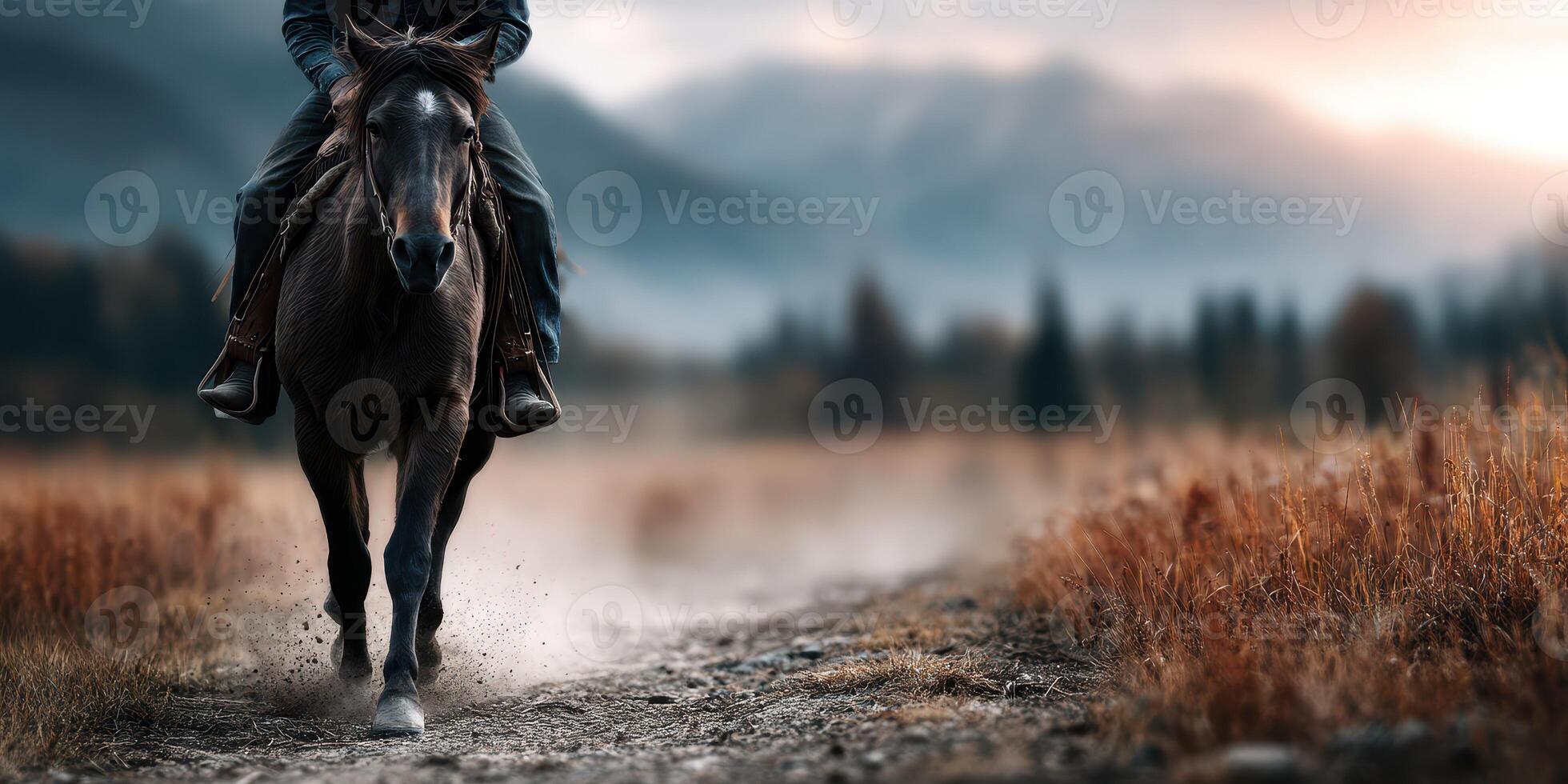 Rider on horseback journeys through misty path in mountainous landscape at sunset photo