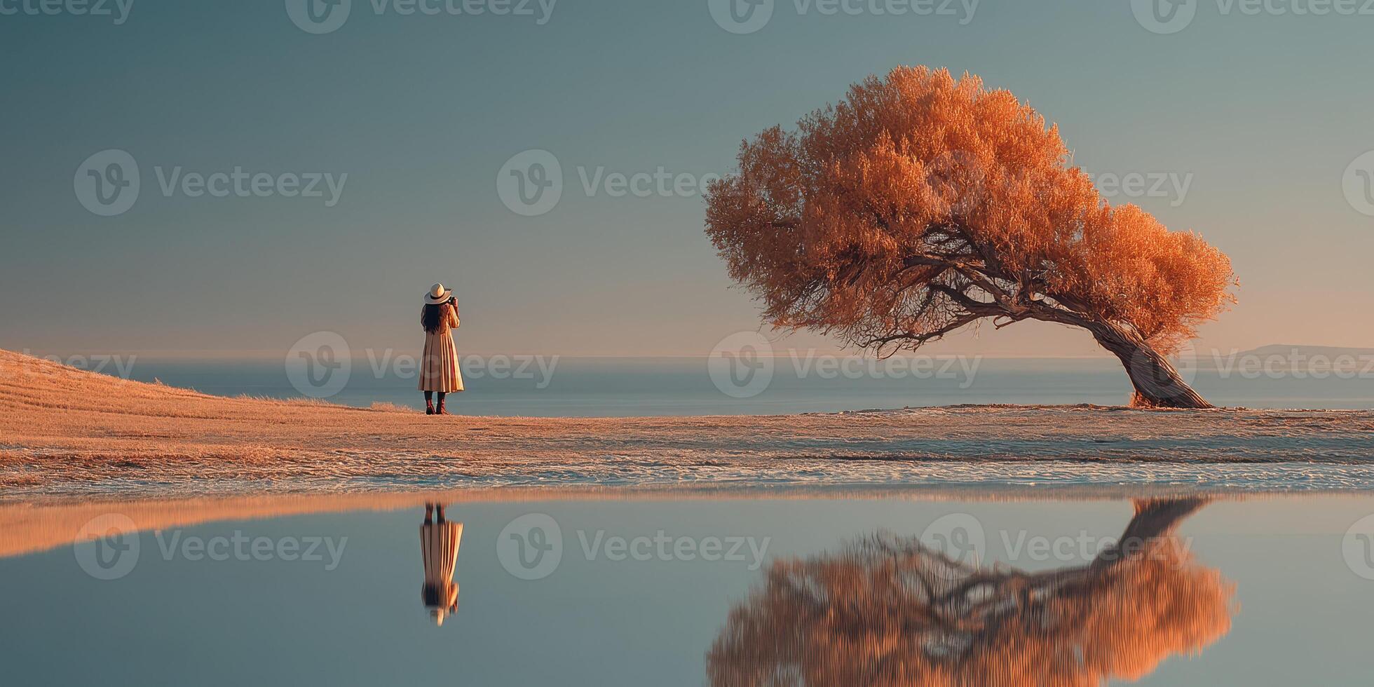 Woman in a sunlit landscape standing by a lake reflecting the vibrant autumn tree and blue sky at dusk photo