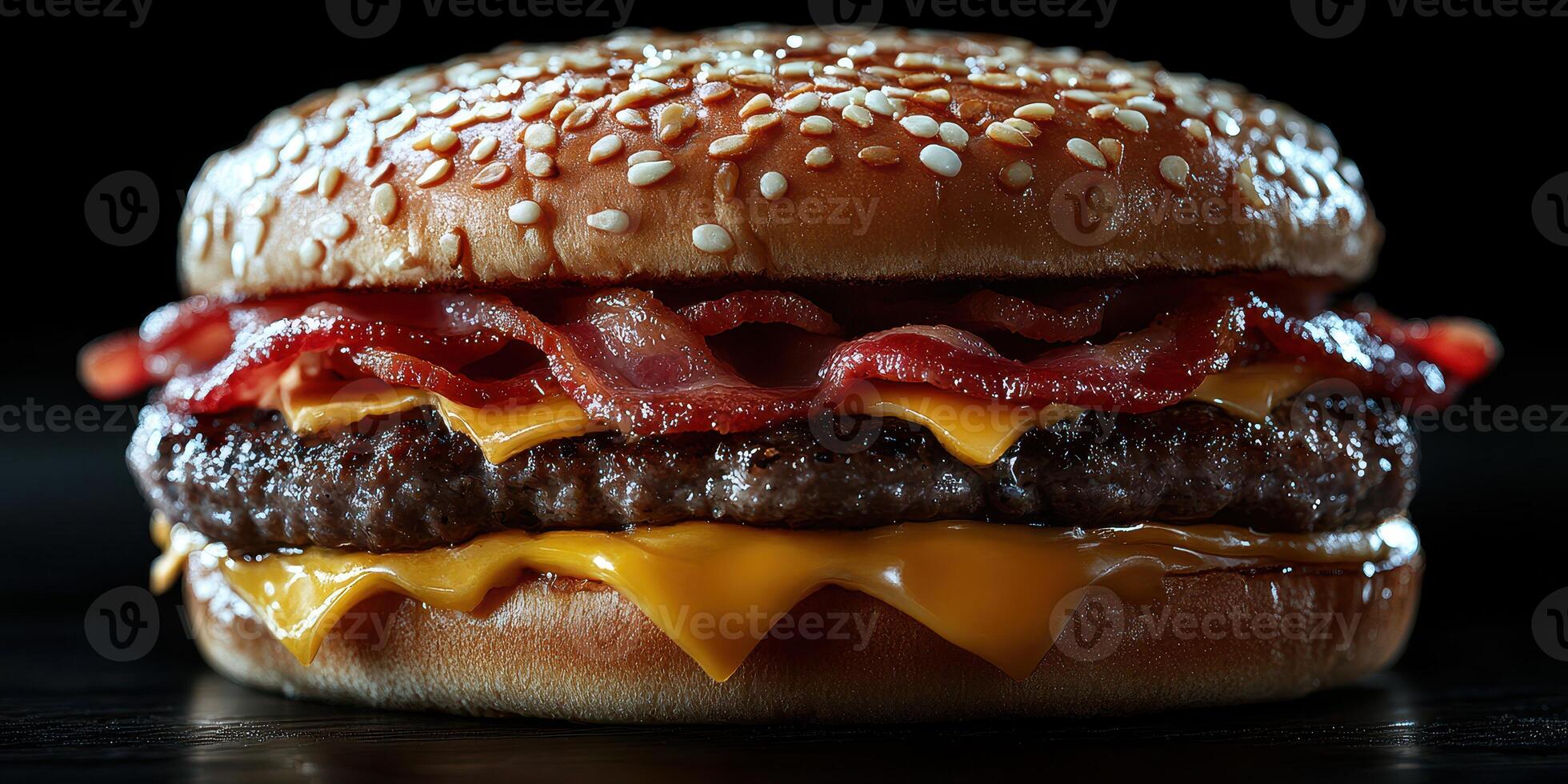 Juicy burger with bacon and melted cheese served on a sesame seed bun in a dark setting photo