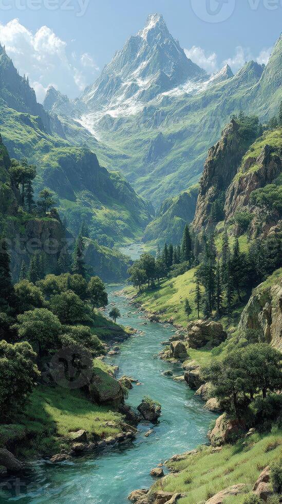 Majestic mountain landscape with a serene river flowing through lush valleys and towering peaks at daytime photo