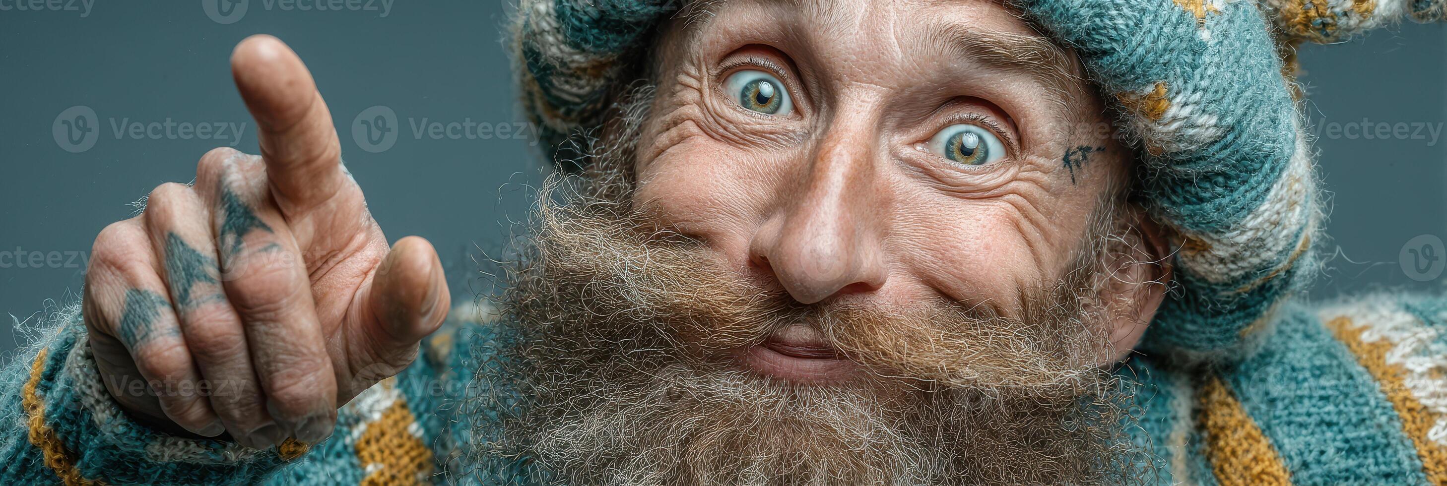 Unique portrait of a joyful man with a beard wearing a colorful knitted sweater and hat in a studio setting photo