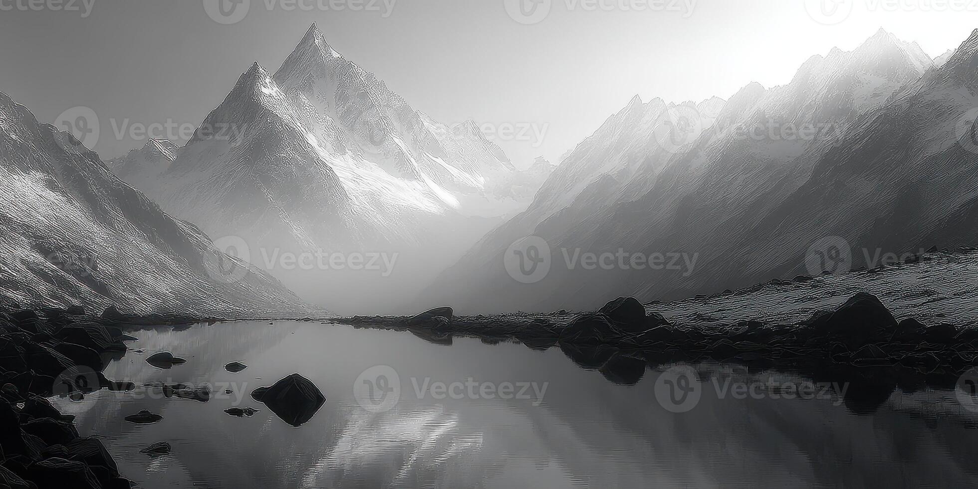 Vast mountain landscape with serene water reflection at dawn in black and white photo