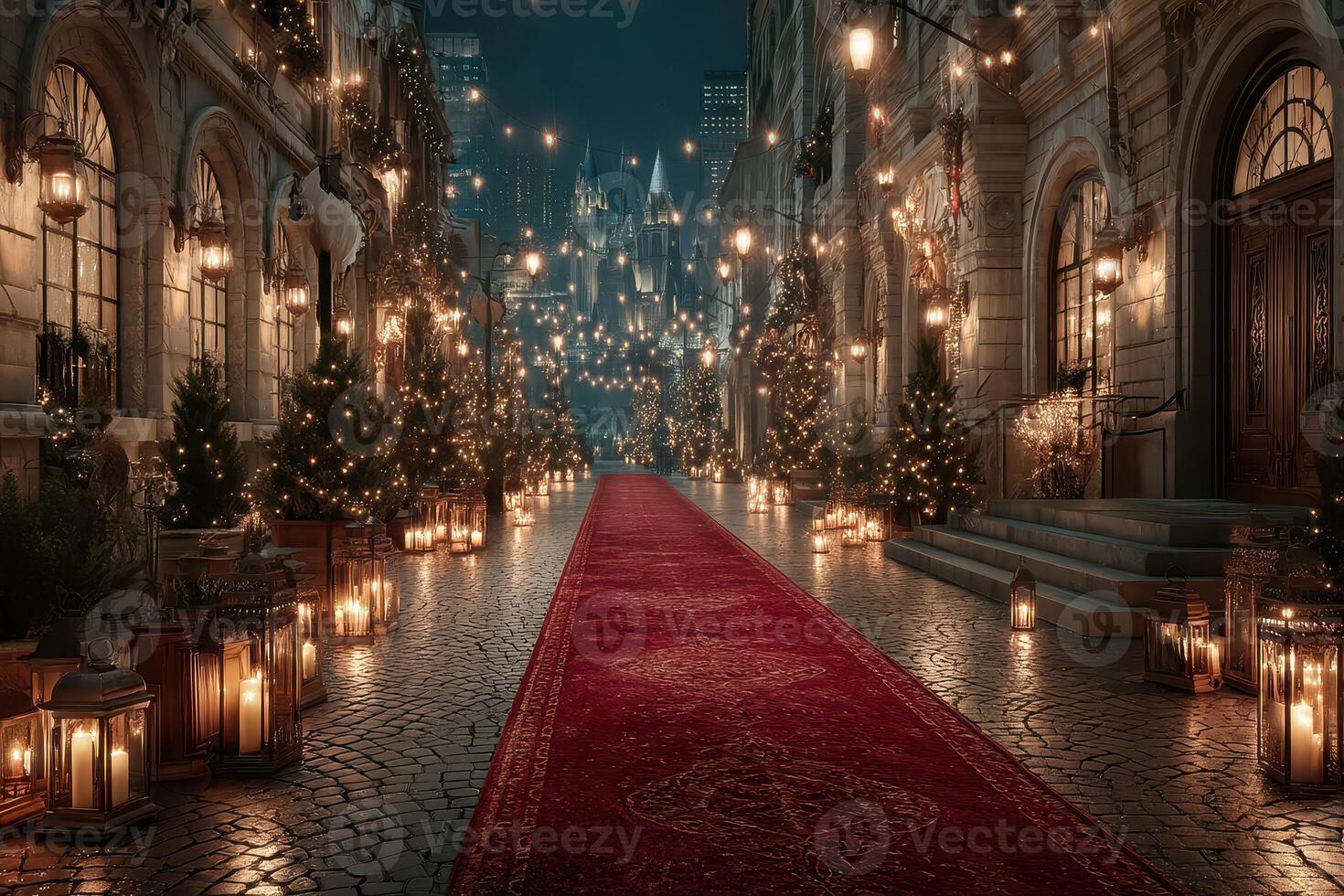 Festive holiday pathway illuminated by lights and lined with Christmas trees in a charming city setting at night photo