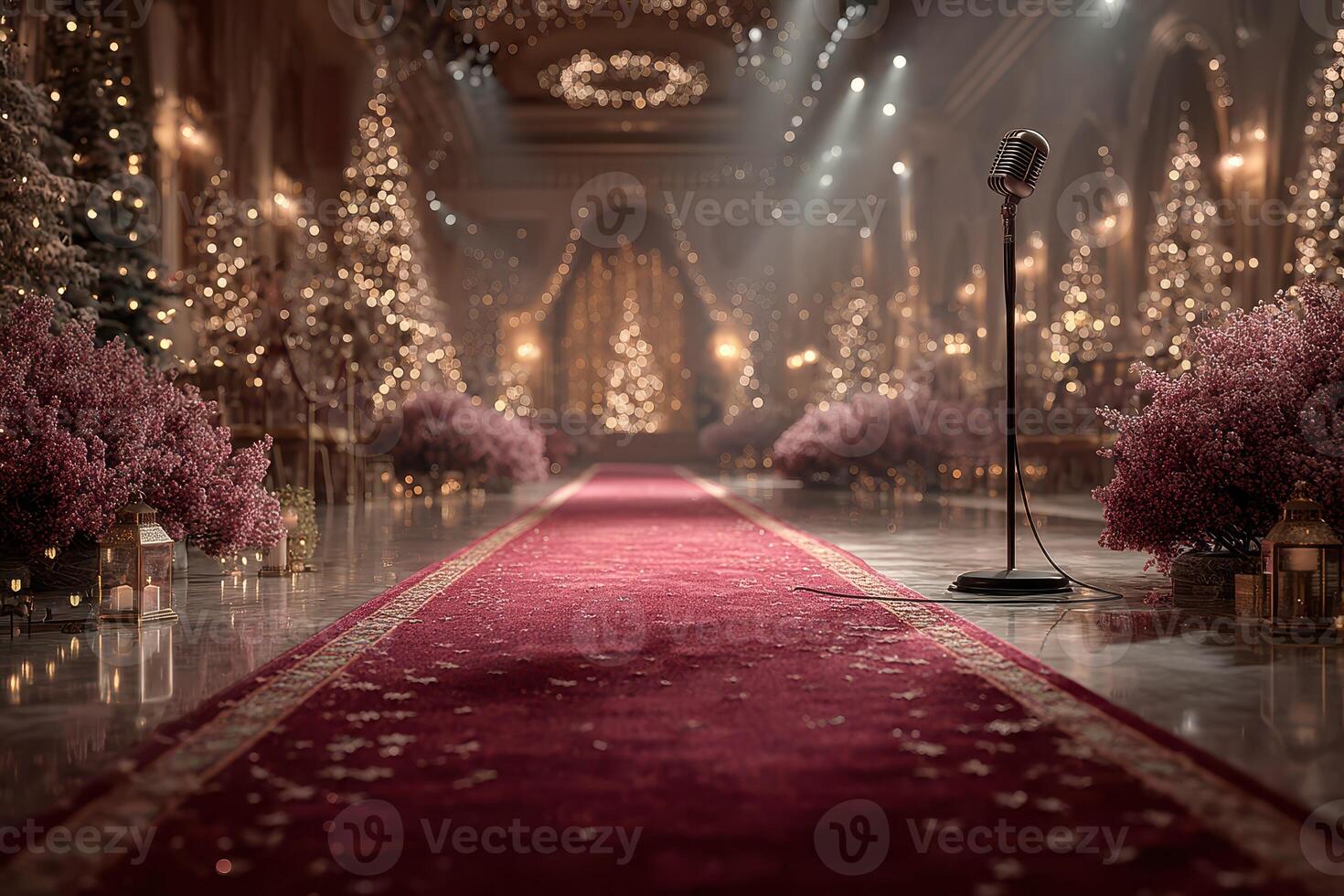 Elegant evening event with a red carpet and festive decorations showcasing a microphone on stage photo