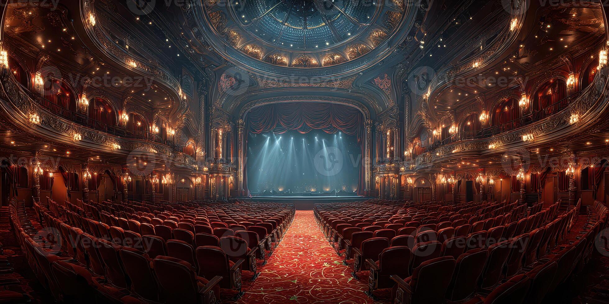 Elegant theater interior with red velvet seats and dramatic stage lights in preparation for a grand performance photo