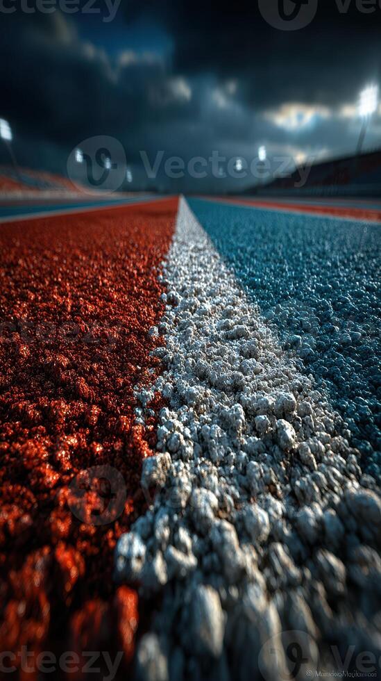 Vibrant racetrack close-up captures the colors and textures of the asphalt under dramatic lighting photo