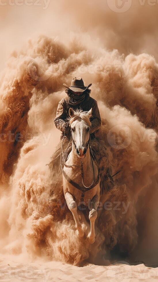 Cowboy riding a horse through a cloud of dust on a ranch at sunset, capturing the essence of wild west adventure photo