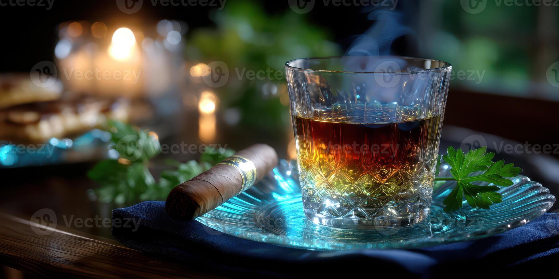 Warm evening with whiskey, cigar, and soft candle light in a cozy home setting photo