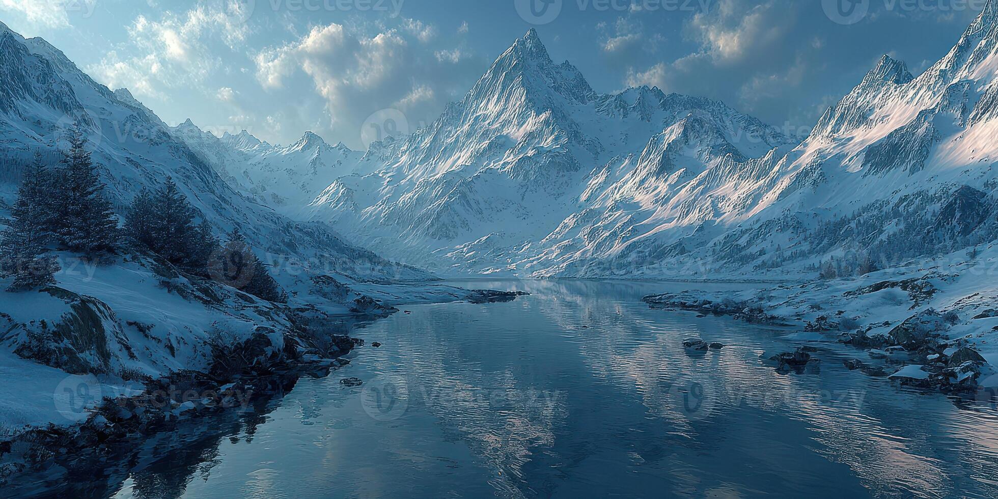 Majestic snowy mountains reflecting in a serene river at dusk in a tranquil alpine landscape photo