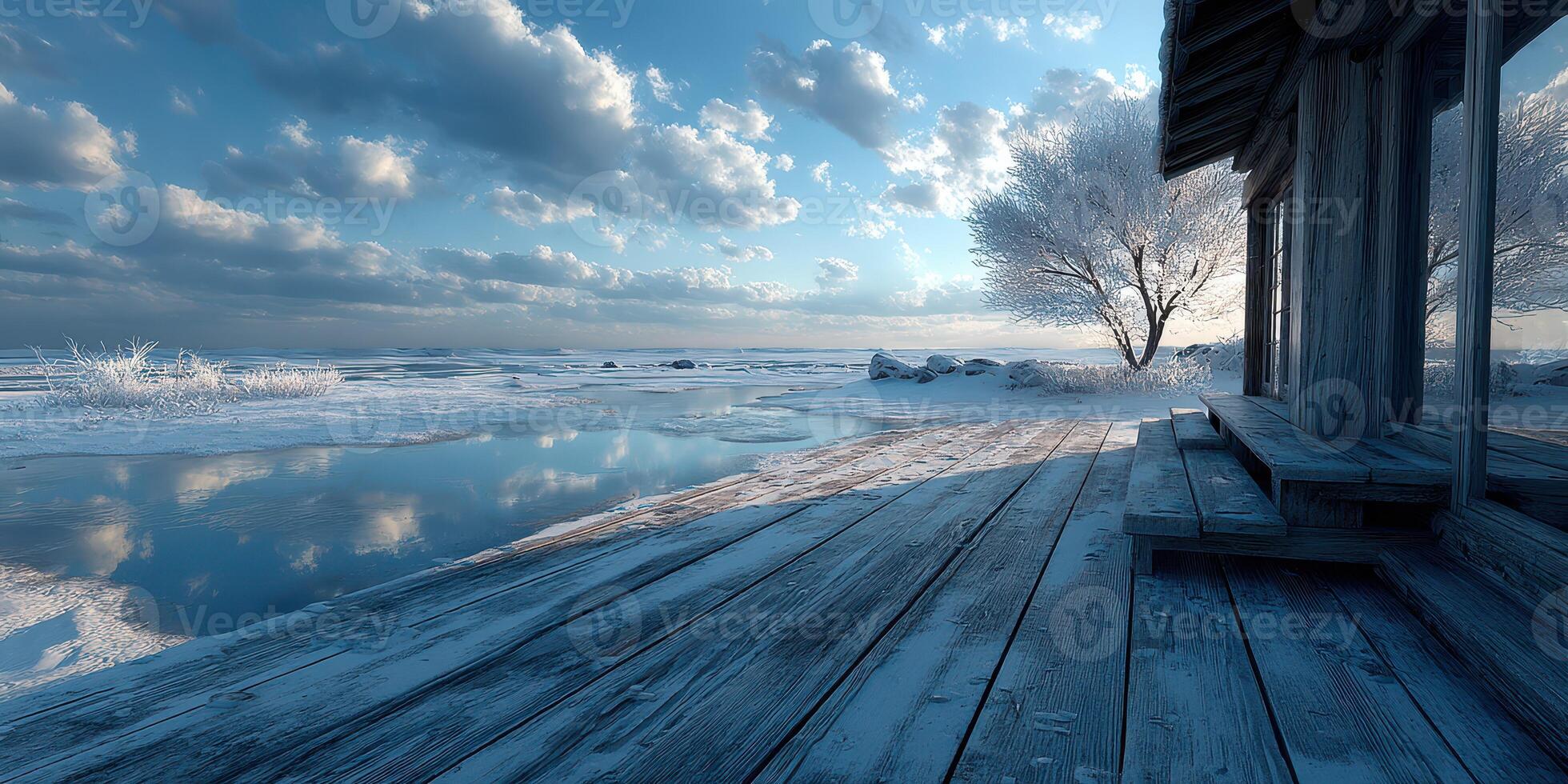 Winter landscape with a wooden cabin by a frozen lake under a cloudy sky during twilight photo