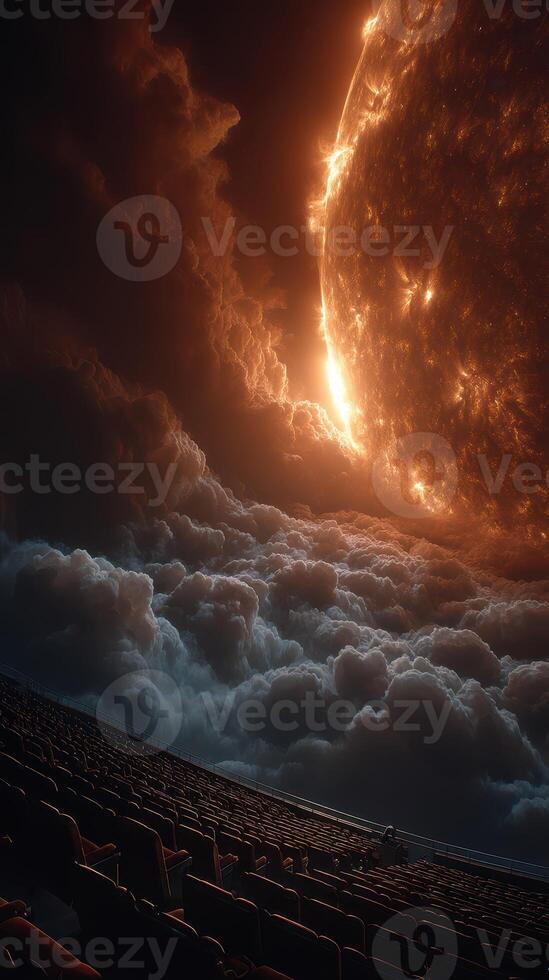 Spectacular celestial view featuring an enormous sun rising over a dramatic cloudscape at dusk photo