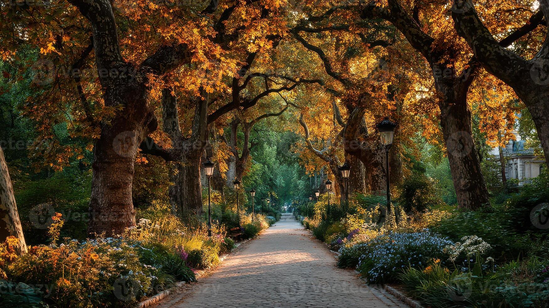 Autumn pathway lined with golden trees and blooming flowers in a serene garden setting during late afternoon photo
