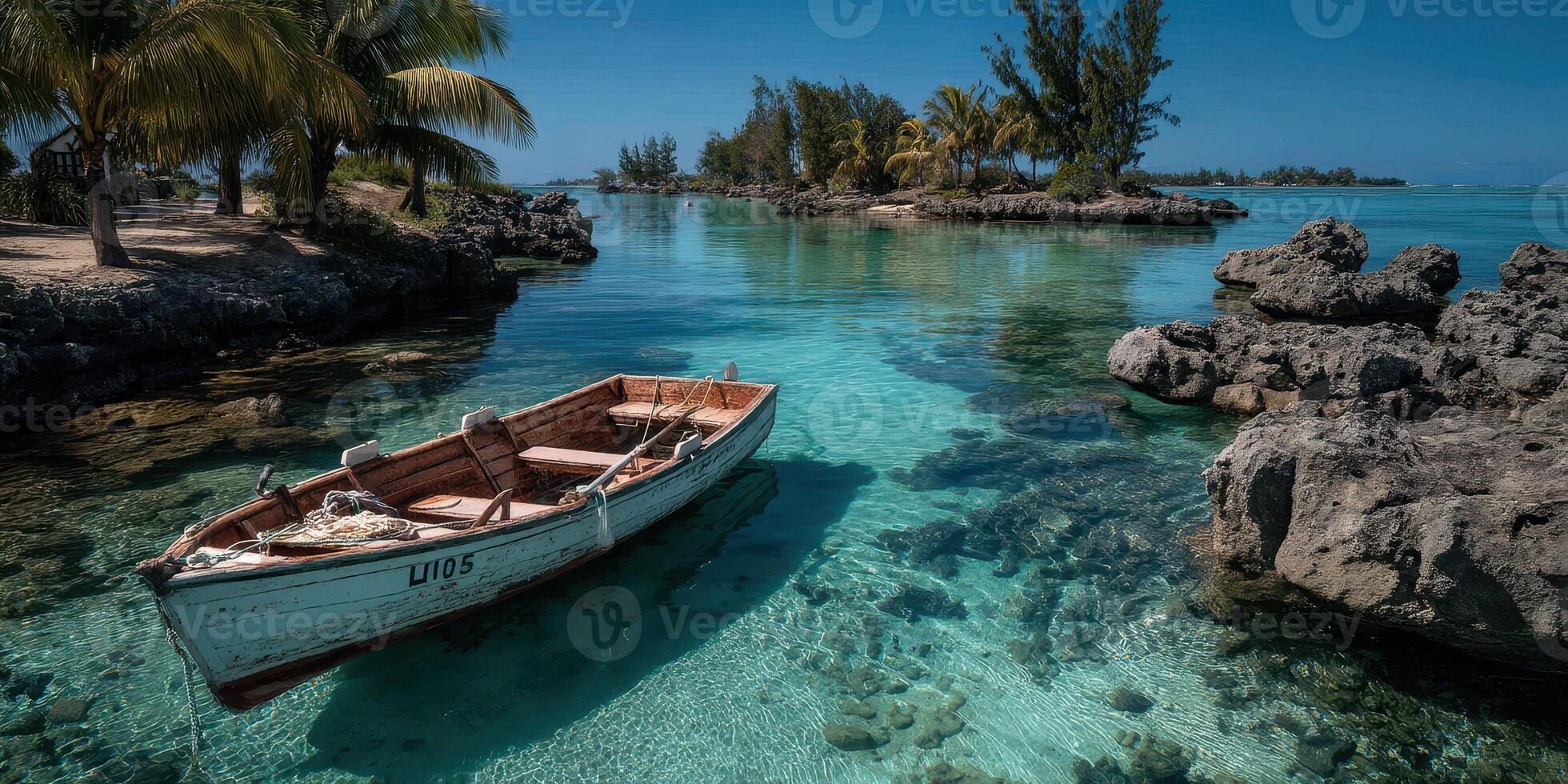 Calm turquoise waters surround a small wooden boat anchored by rocky shorelines on a sunny day in a tropical paradise photo