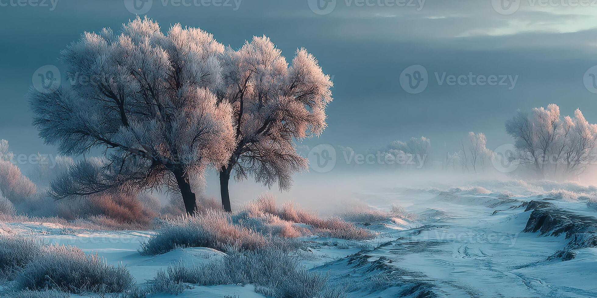 Frost-covered trees stand in serene winter landscape at dawn beside a snowy path photo