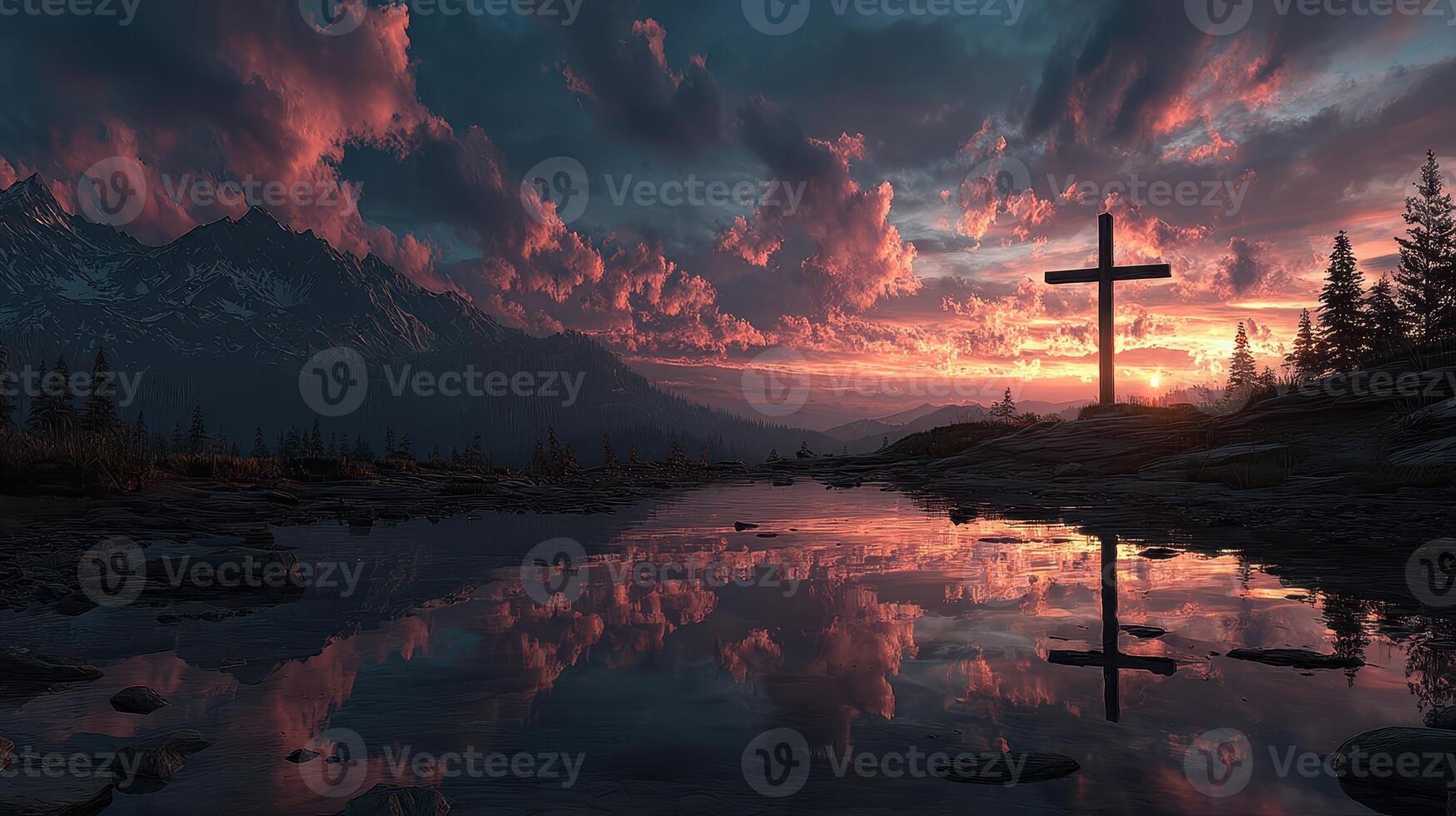 Sunset over a mountainous landscape with a cross reflected in a calm lake photo