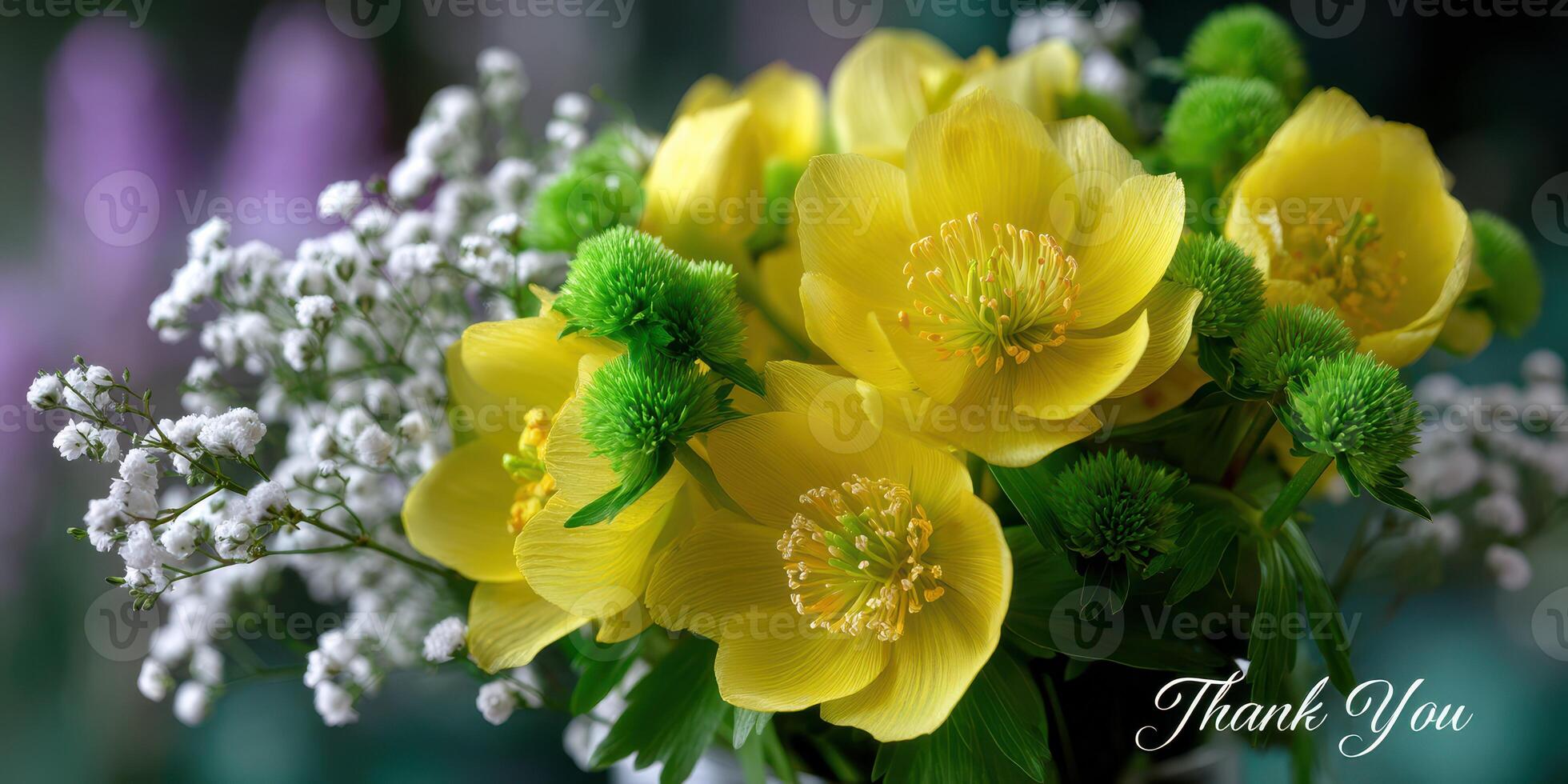 Bright yellow flowers arranged beautifully in a bouquet, expressing gratitude with a heartfelt message photo