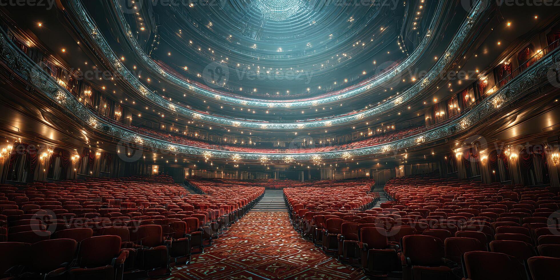 Grand theater interior with ornate architecture and empty red seats, awaiting a future performance photo