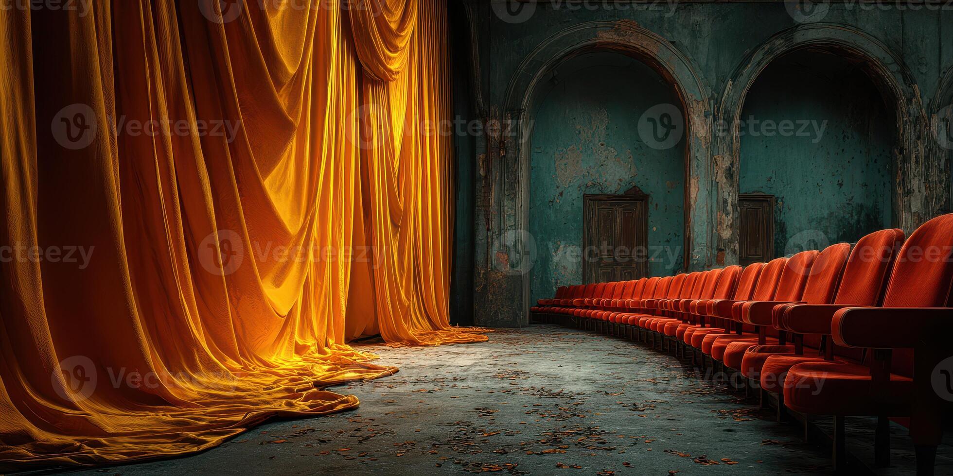 Abandoned theater showcases vibrant orange curtains and empty red seats in a vintage setting photo