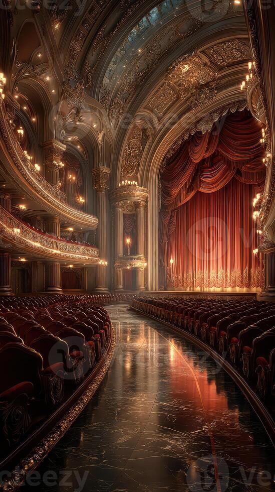 Elegant theater interior showcasing ornate architecture and dramatic stage with red curtains, inviting a captivating performance atmosphere photo