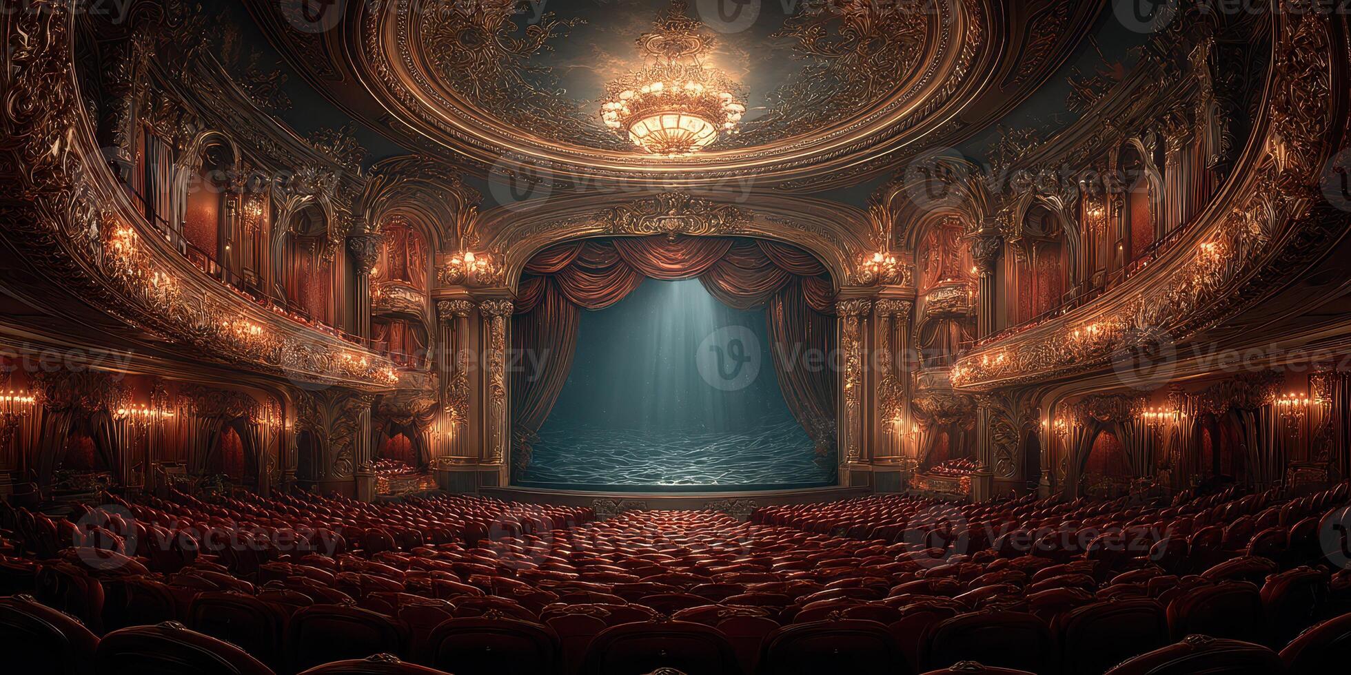 Opulent theater interior with grand stage and ornate decorations during a performance at twilight photo