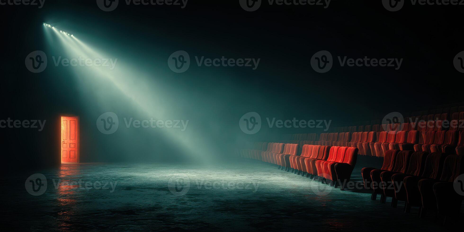 Light beams through an open door in an empty theater with red seats creating an eerie atmosphere at night photo