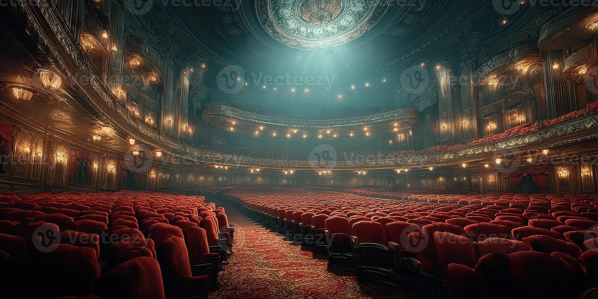 Majestic vintage theater with red velvet seats and elegant chandeliers illuminated by soft light during an evening performance photo