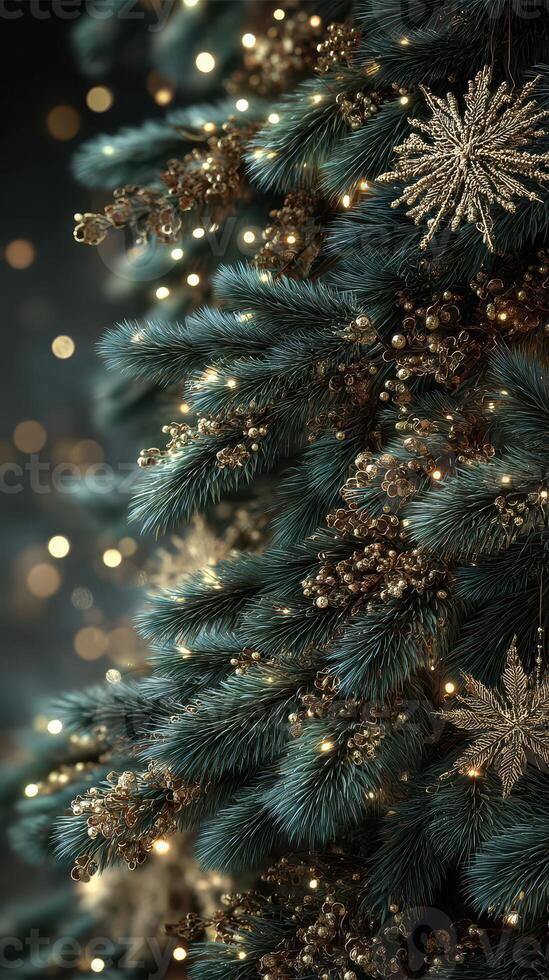 Elegant Christmas tree adorned with golden ornaments and soft lights creating a cozy holiday atmosphere in a dimly lit room photo