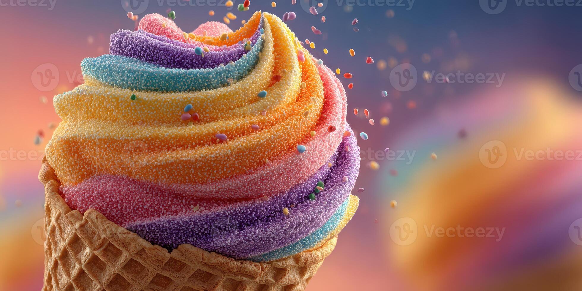 Brightly colored swirl ice cream cone topped with sprinkles against a soft pastel background photo