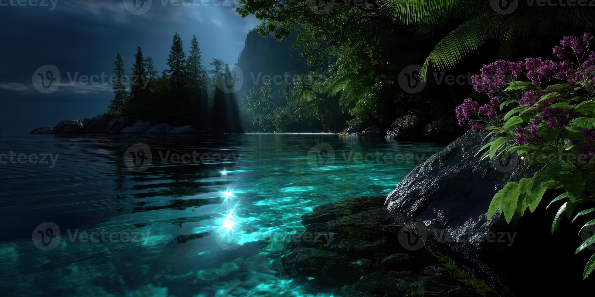 Serene nighttime view of a tranquil lake surrounded by lush greenery and vibrant flowers in a coastal landscape photo