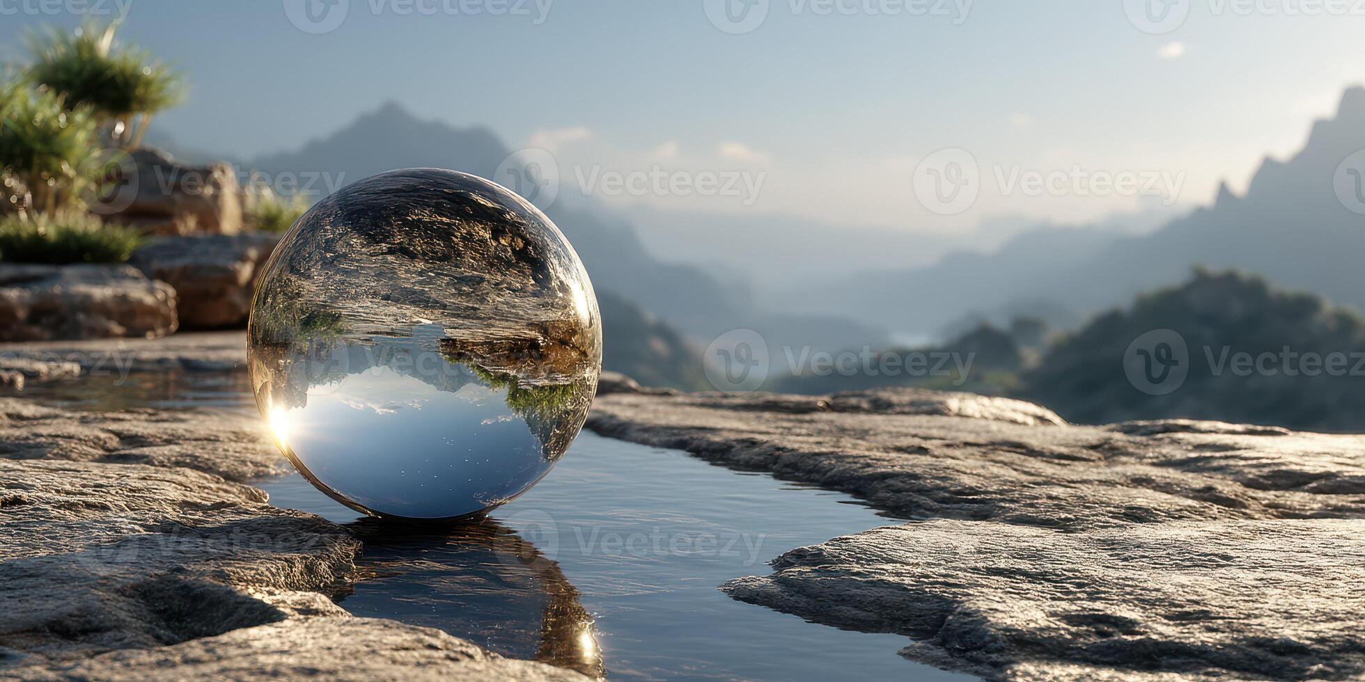 Reflective spherical object glimmers in natural landscape at dusk with mountains in the background photo
