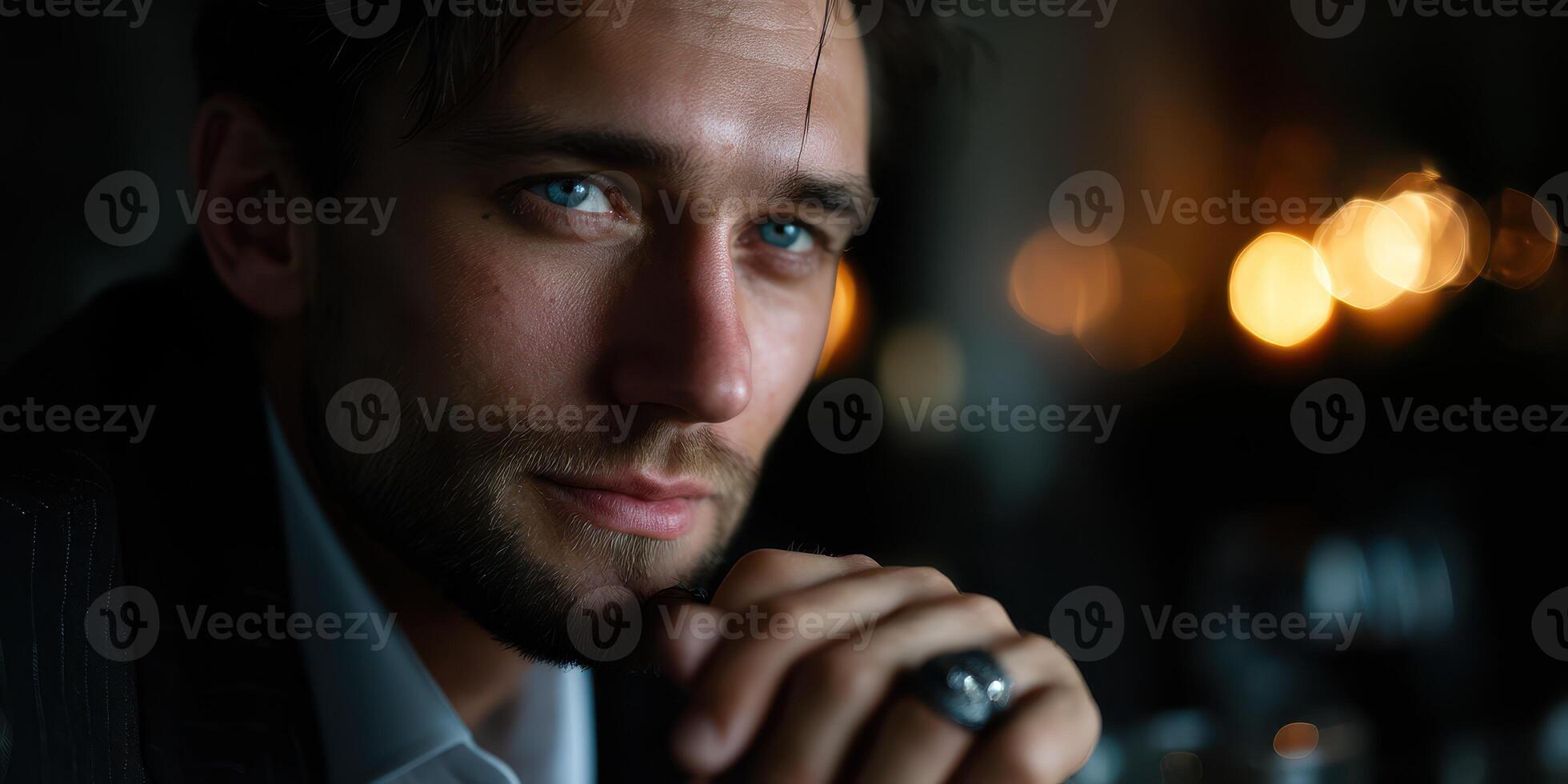 Close-up portrait of a man with blue eyes in dim lighting showcasing his thoughtful expression and stylish attire photo